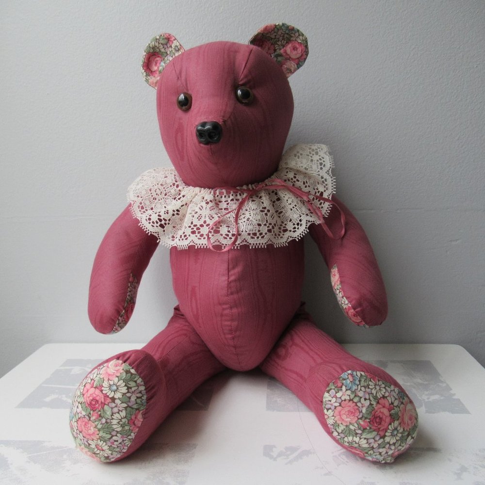 Collectible Hand Stitched Pink & Floral Fabric Teddy Bear Primitive Vintage